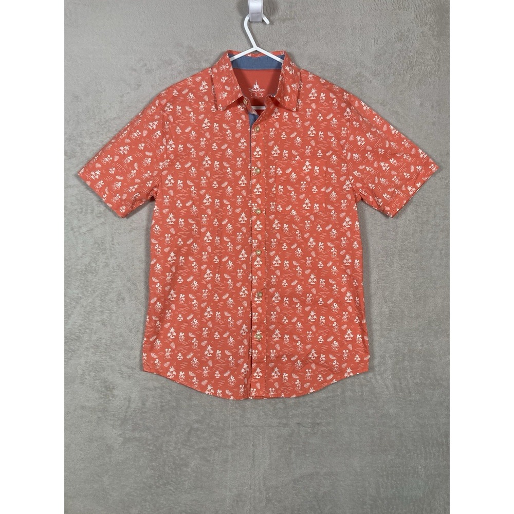 Disney Parks Button Up Shirt Mens Small Orange Mickey Mouse Tropical Aloha S